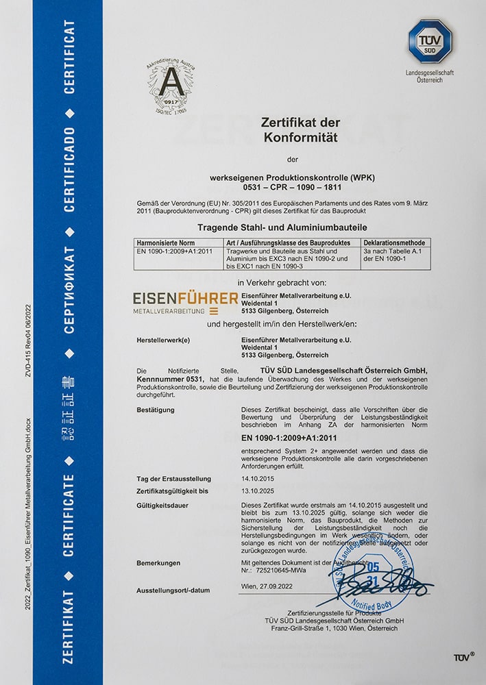 Eisenführer Metallverarbeitung - Schweißkomponenten - Zertifikat der Konformität TÜV